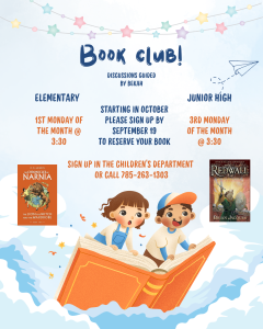 Book Club Elementary - 1st monday of the month Middle School - 3rd Monday of the month