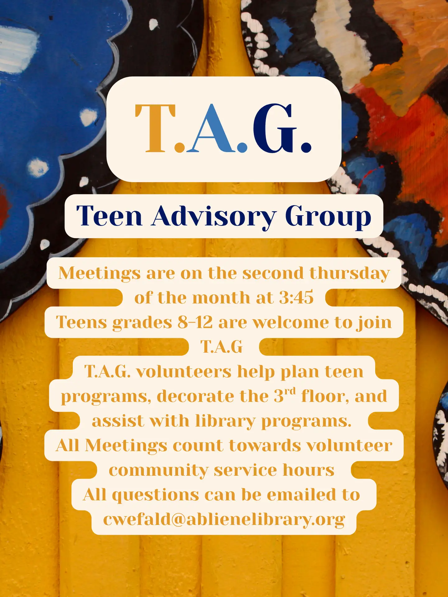 TAG Meetings second Thursdays at 3:45