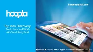 Hoopla poster showing tablet with books on it