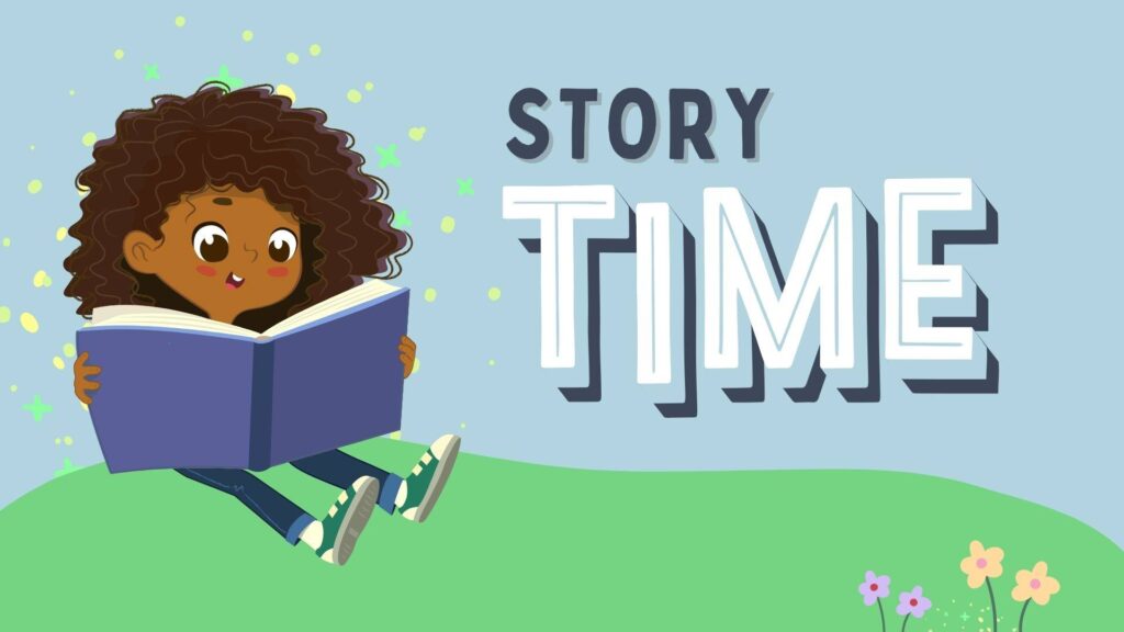 Image of girl reading a book with words Story Time