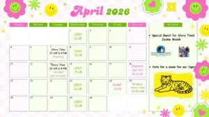 Calendar showing the April events listed