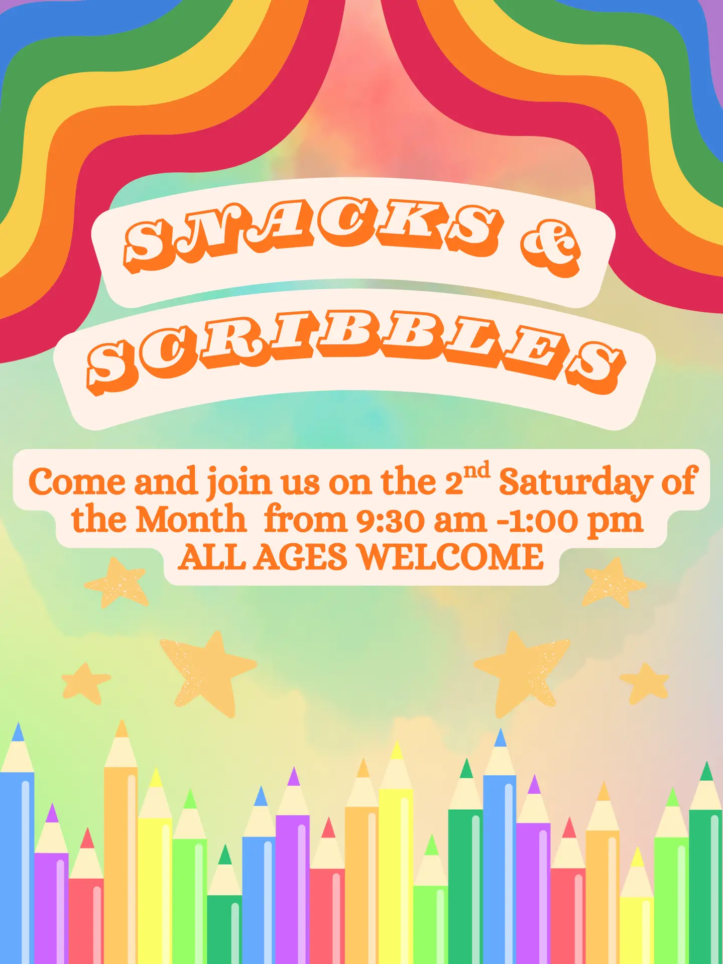 2nd Saturday of every month from 9:30 to 1 all ages. Snacks and Scribbles