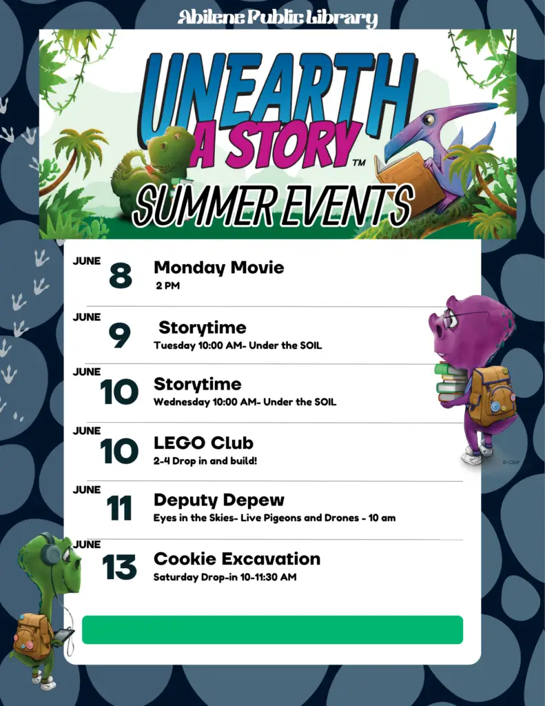 June 8 - Movie 2pm, June 9 10am Storytime, June 10 LEGO Club, June 11 Deputy Depew 10am and more